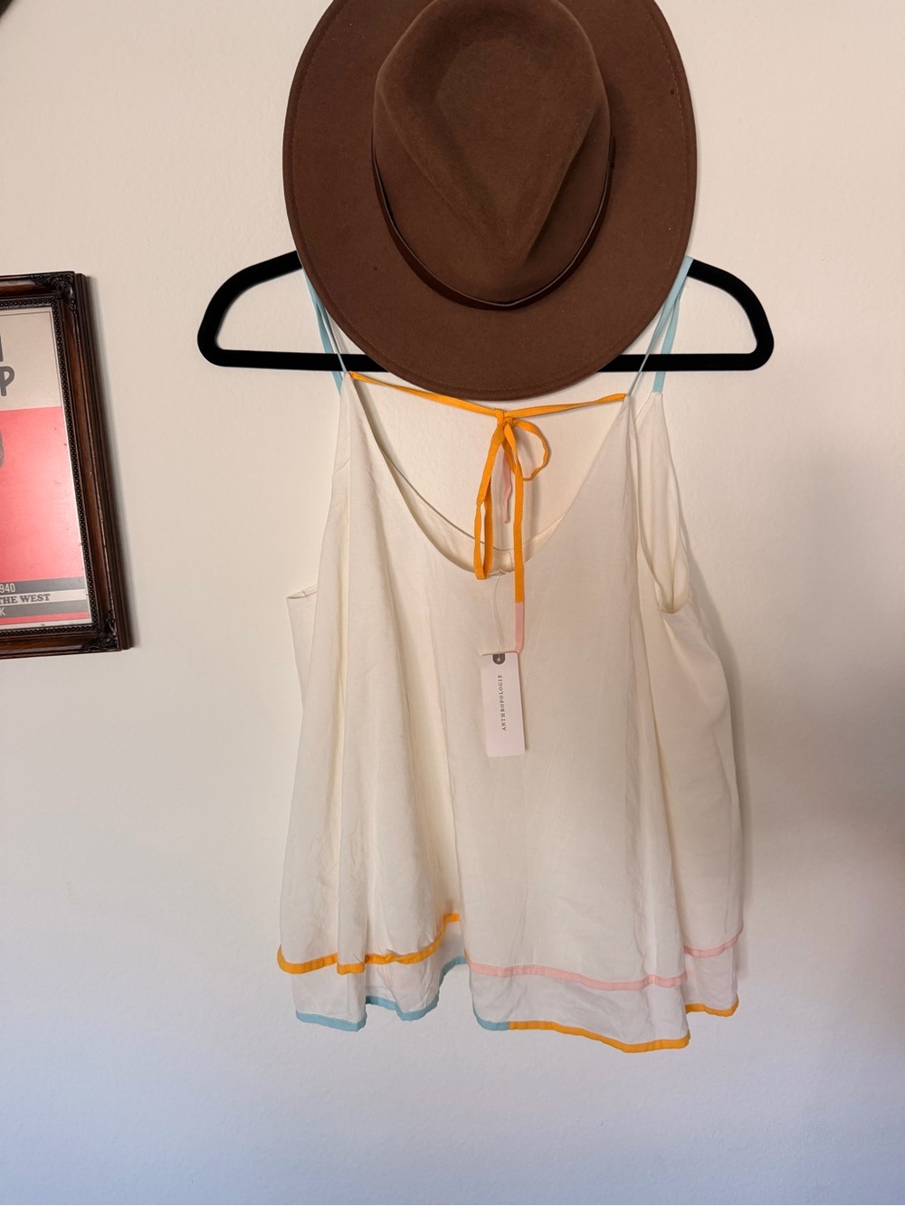 Anthropologie Cream Tie-Back Cami with Color-Trim Accents